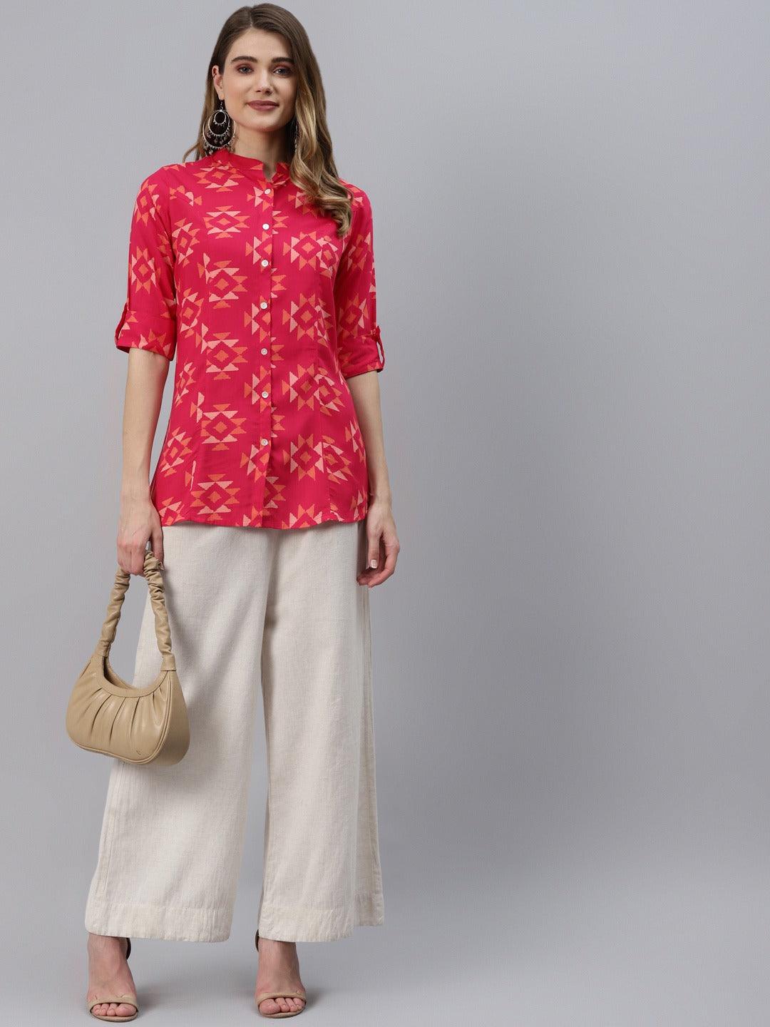 Pink Geometric Print Rayon Shirt Style Top - world