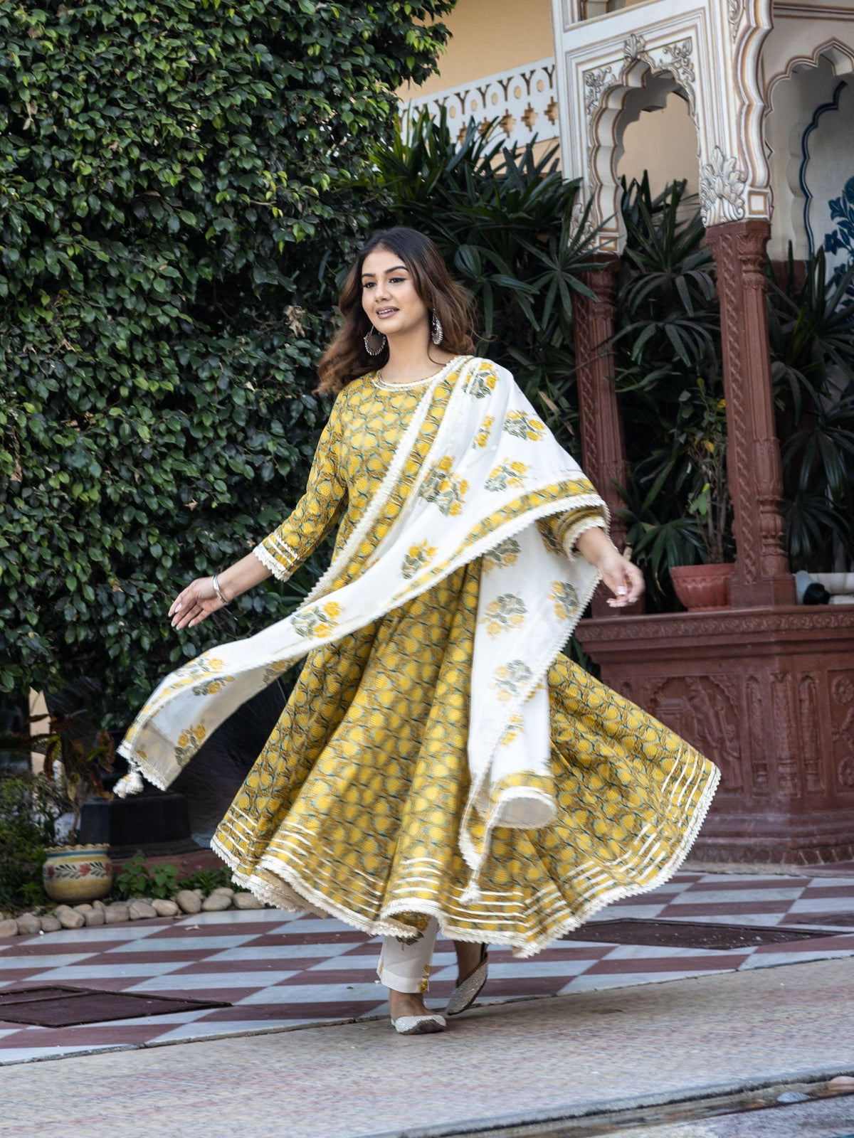 Mustard Cotton Anarkali Kurta Pant Set With Dupatta - world