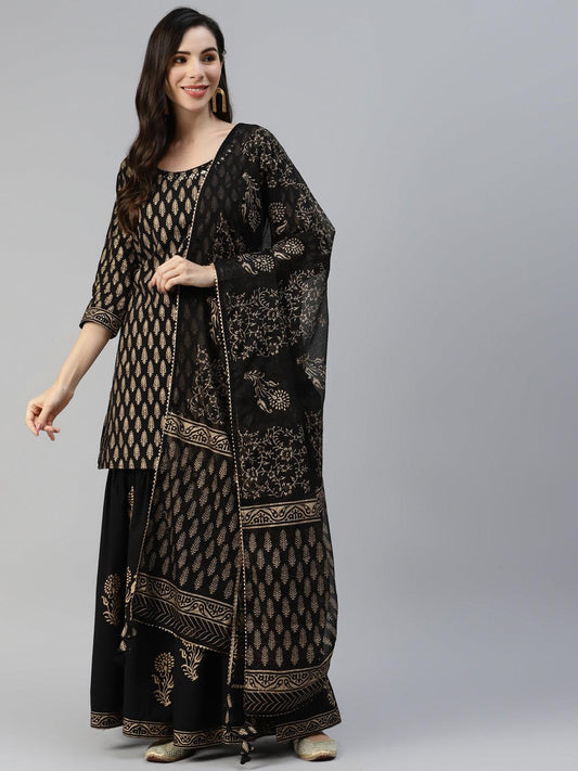 Black Gold Printed Cotton Kurta Sharara Set with Dupatta - world