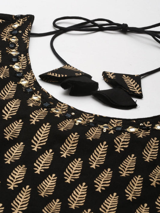 Black Gold Printed Cotton Kurta Sharara Set with Dupatta - world
