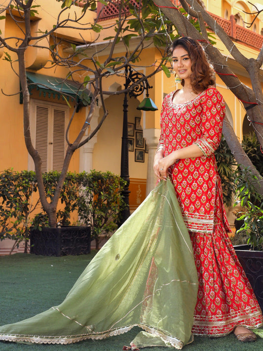 Red Cotton Dabu Printed Kurta Sharara Set with Kota Doria Dupatta - world.com
