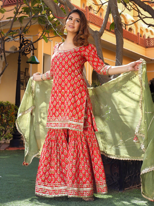 Red Cotton Dabu Printed Kurta Sharara Set with Kota Doria Dupatta - world.com