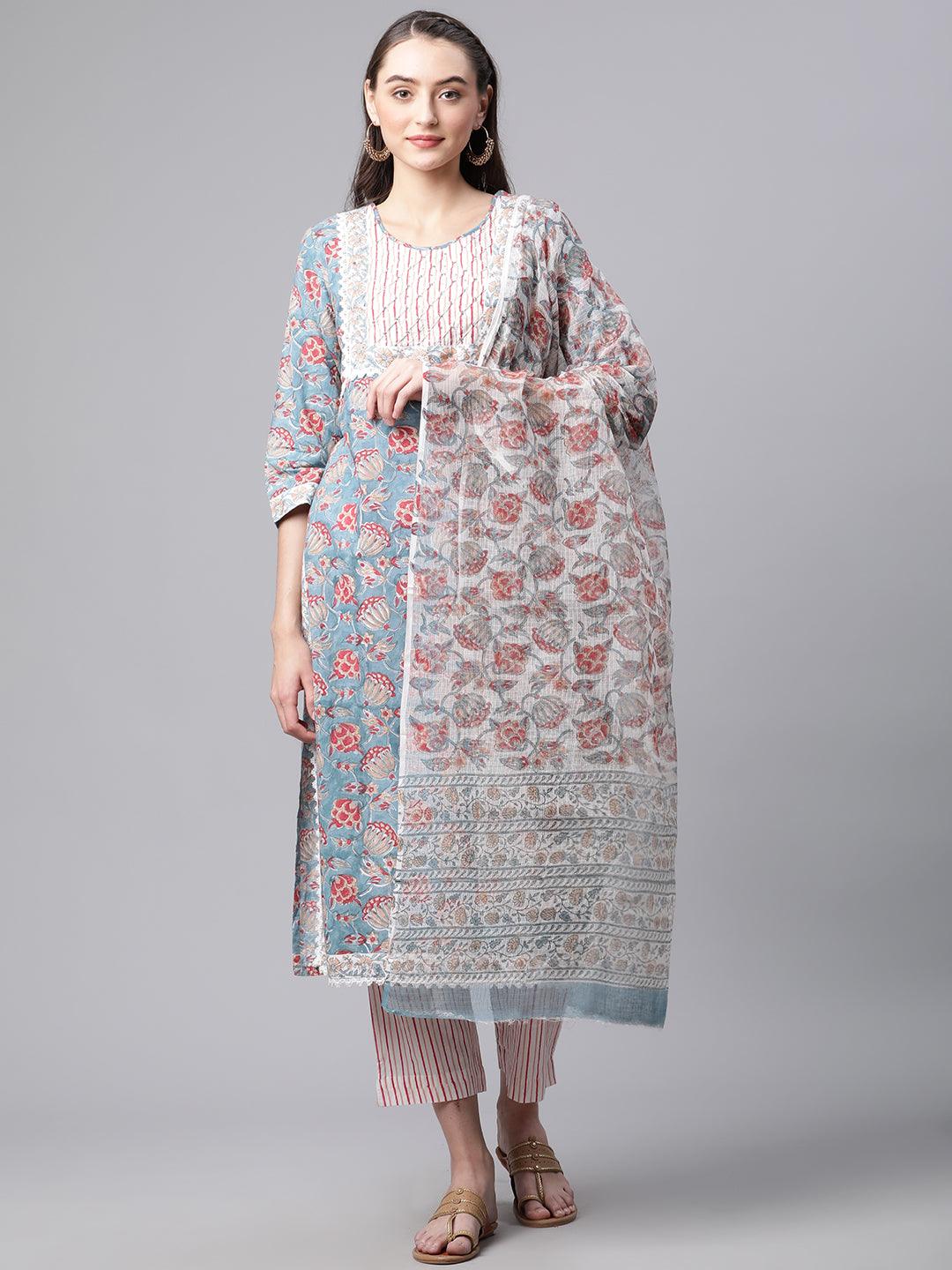 Turquoise Blue Hand Block Printed Kurta Pant Set with Dupatta - world