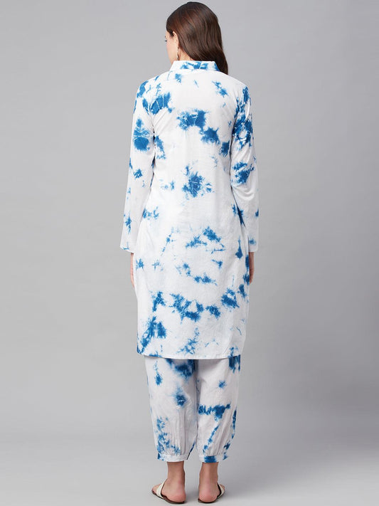 Blue Cotton Shirt Style Kurta Hem Cuffed Pant Set - world