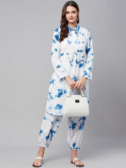 Blue Cotton Shirt Style Kurta Hem Cuffed Pant Set - world
