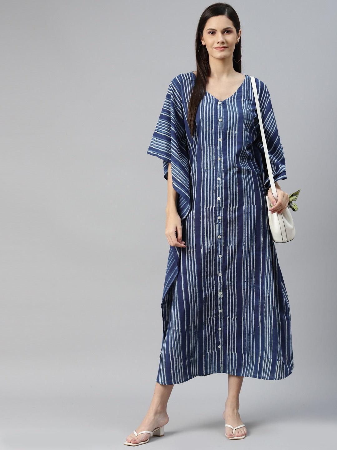 Blue Hand Block Printed Striped Kaftan Dress - world