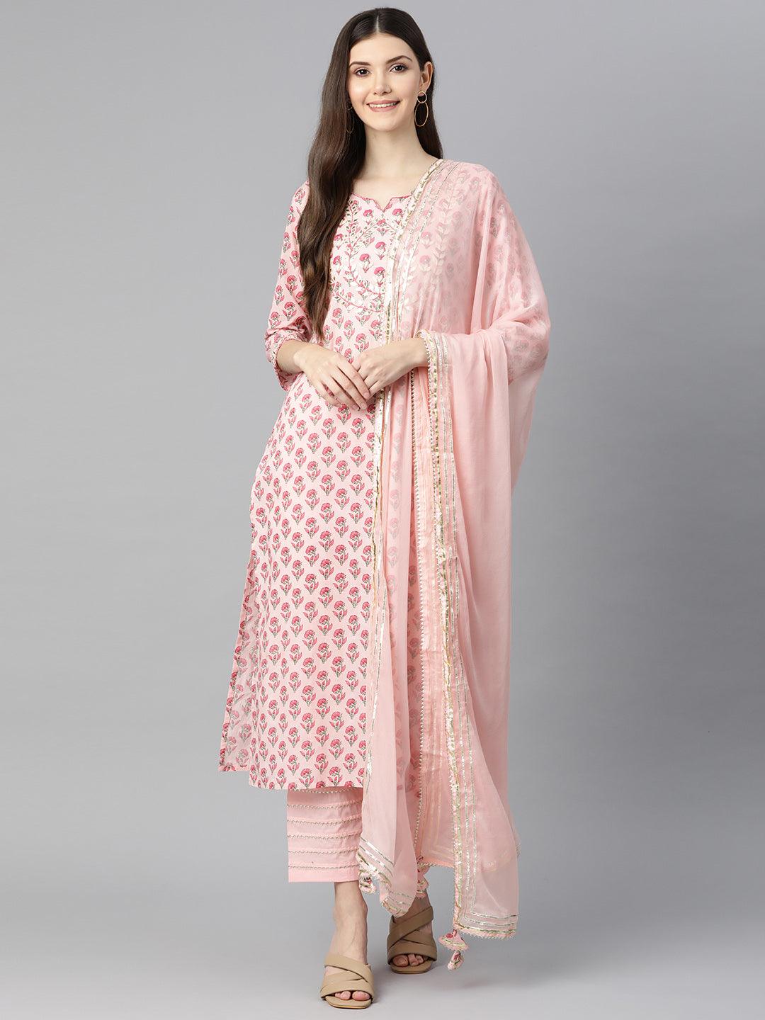 Pink Cotton Straight Kurta Pant Set With Dupatta - world