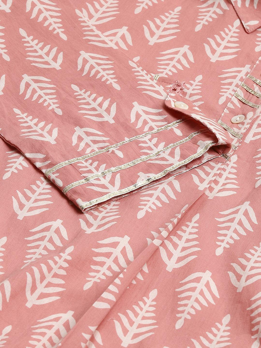 Pink Cotton Shirt Style Kurta Hem Cuffed Pant Co-ord Set - world