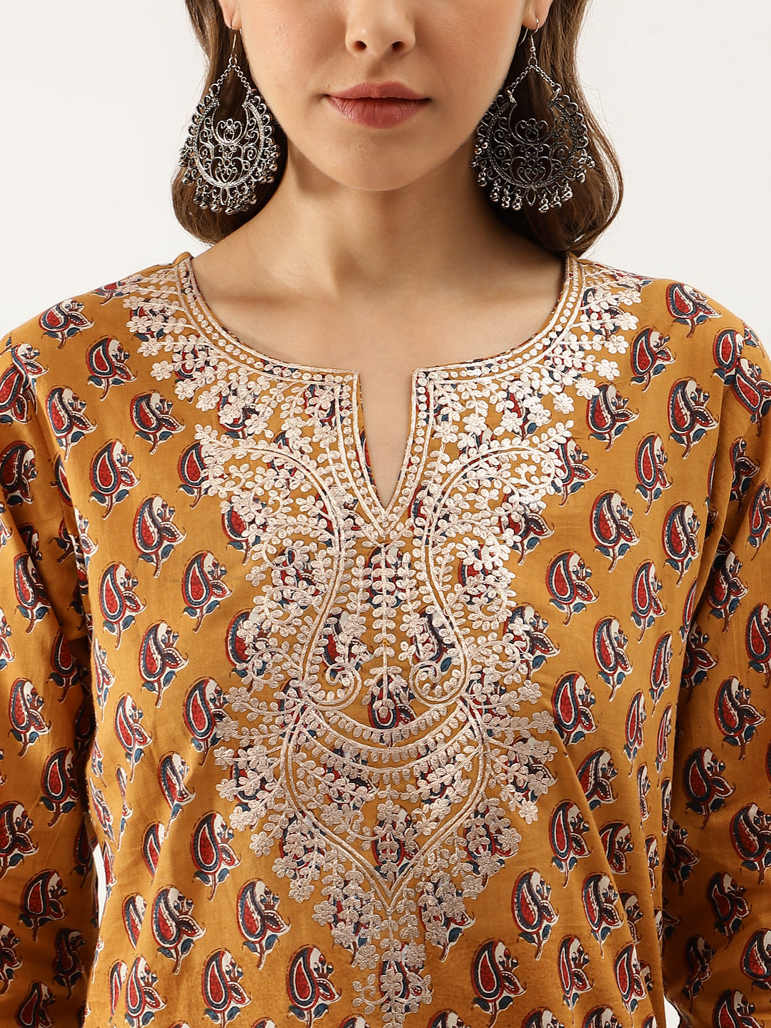 Mustard Floral Printed Cotton Zari Work Kurta for Women