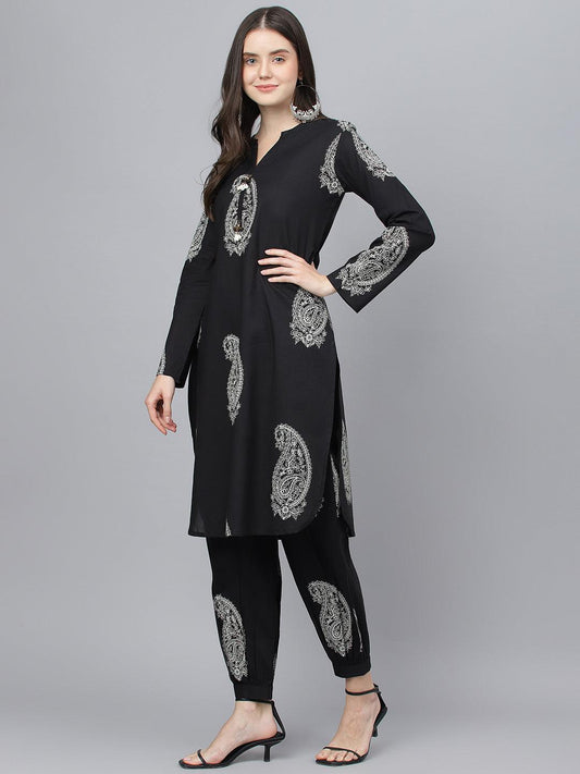 Black Cotton Straight Kurta Hem Cuffed Pant set - world