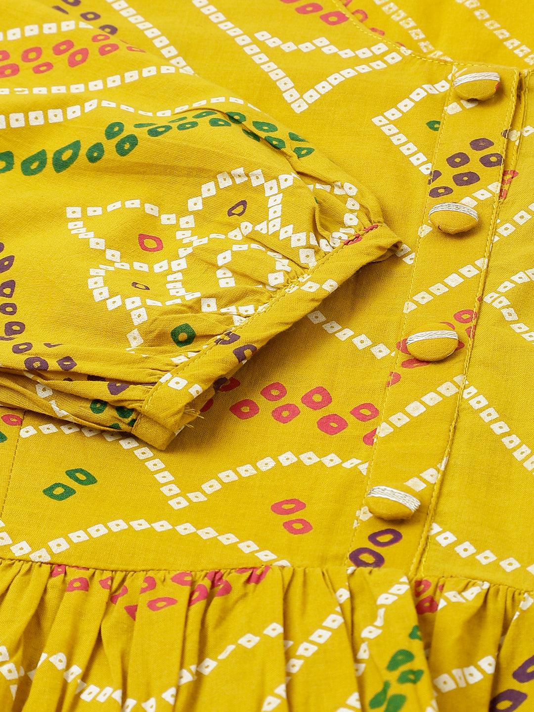 Mustard Bandhani Printed Cotton Peplum Top - world