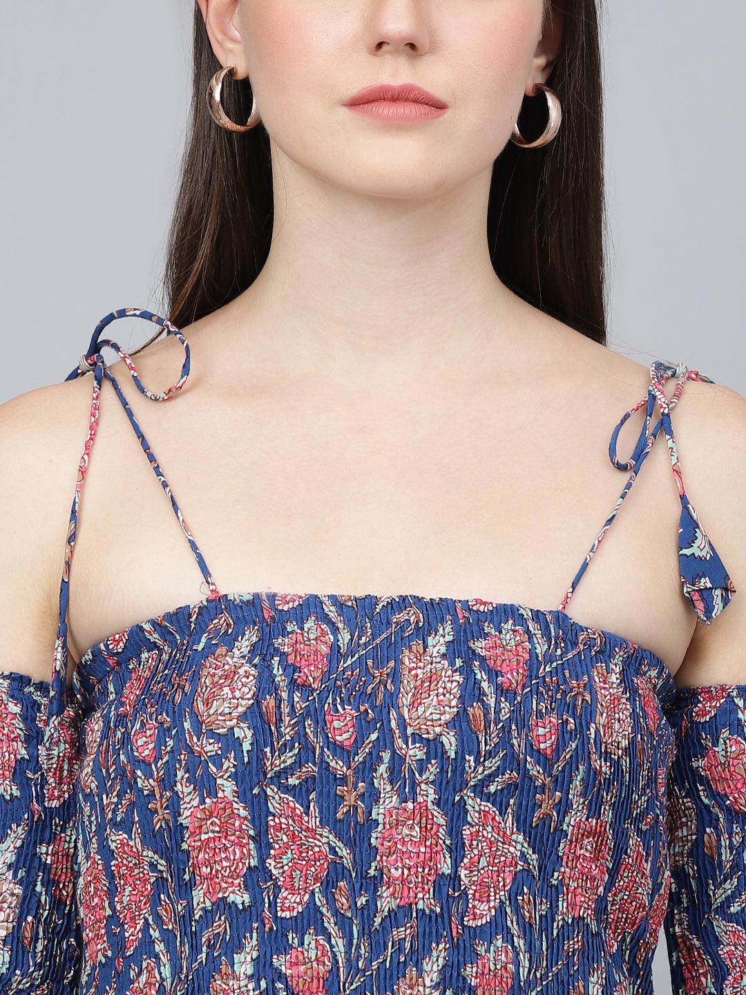 Blue Floral Printed Shoulder Strips Flared Long Dress - world