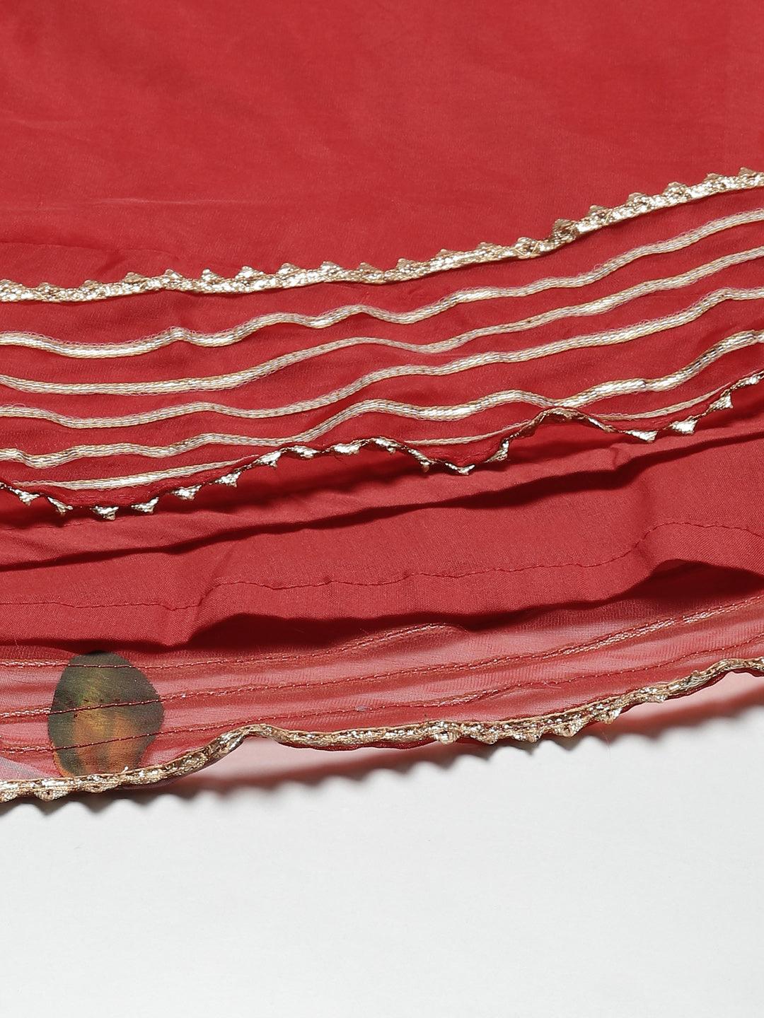 Red Hand Painted Organza Flared Lehenga Choli Set with Organza Dupatta - world
