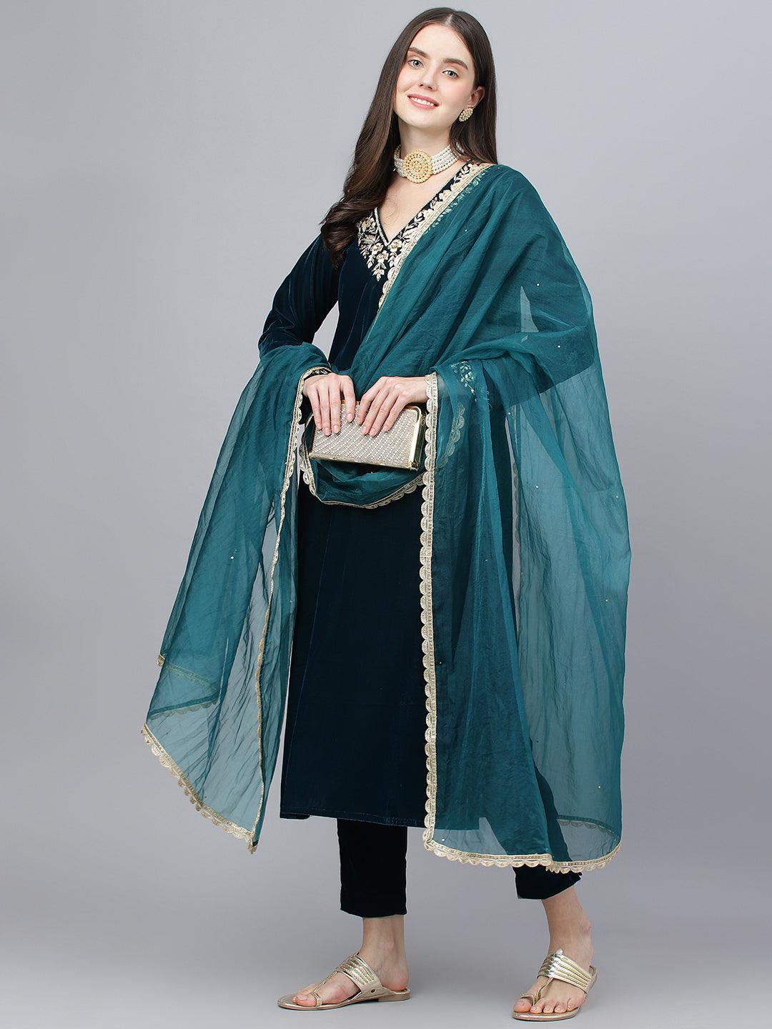 Teal Green Velvet hand work Kurta pant With Organza Dupatta set - world