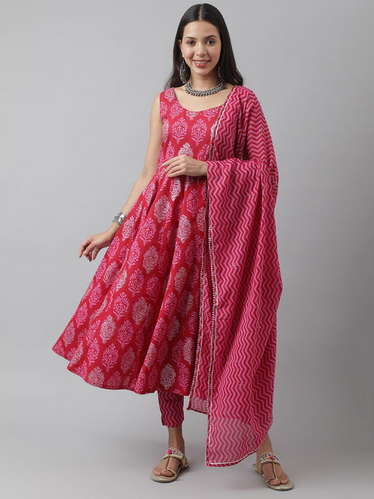 Magenta Floral Cotton Anarkali Kurta Pant Set with Dupatta - world