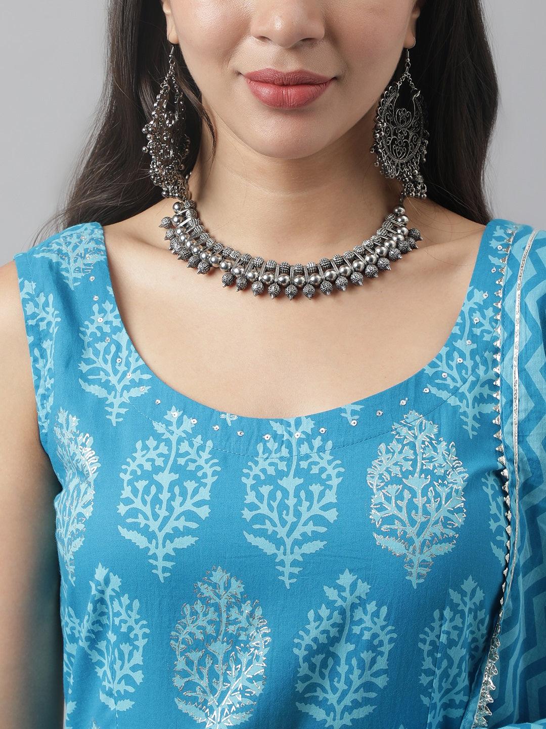 Turquoise Blue Floral Cotton Anarkali Kurta Pant Set with Dupatta - world
