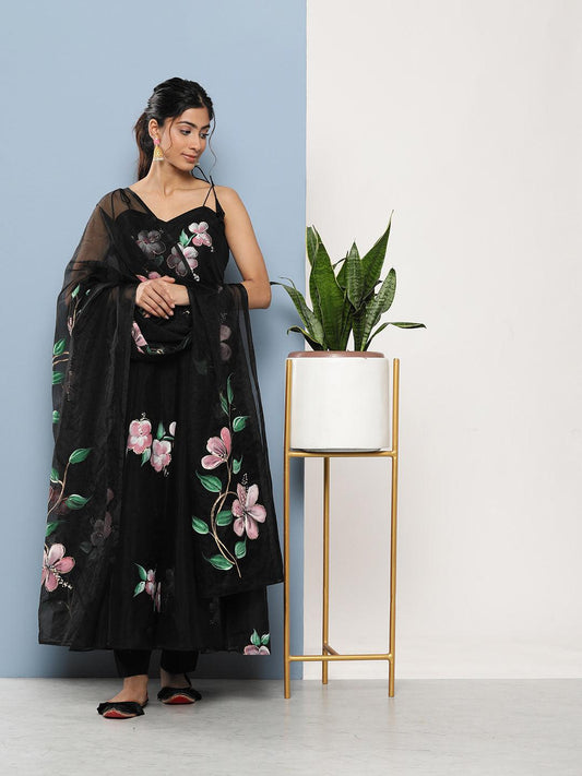 Black Hand Painted Floral Organza Anarkali Kurta Pant Set with Dupatta - world