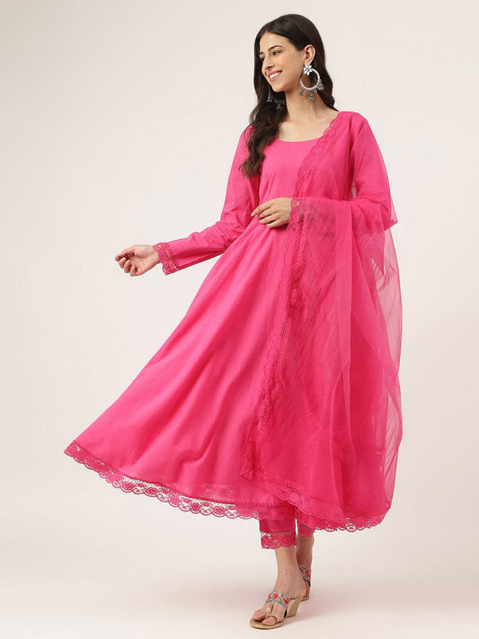 Pink Solid Anarkali Kurta Pant set with Dupatta - world