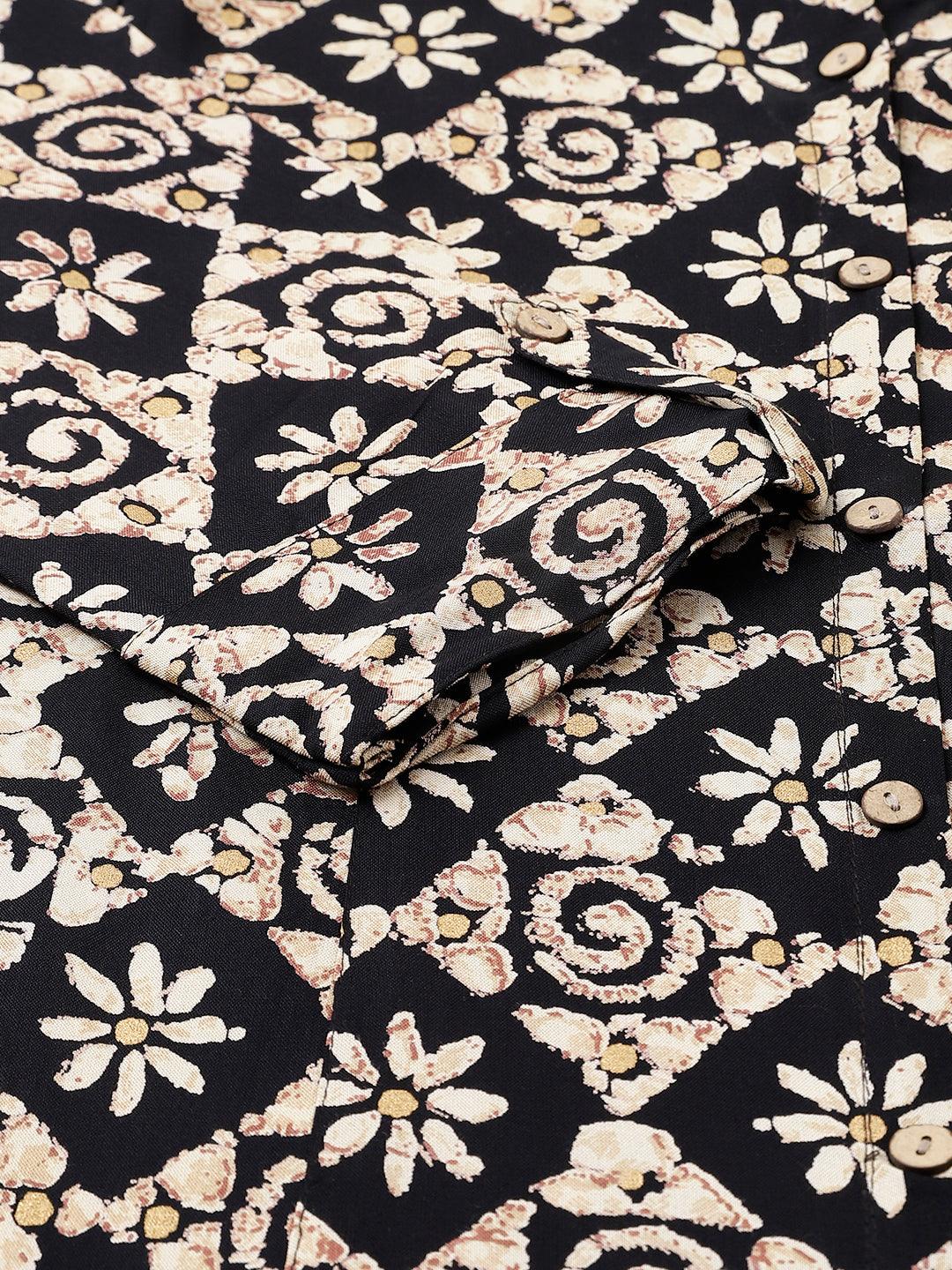 Black Floral printed Rayon A-line Shirts Style Top - world