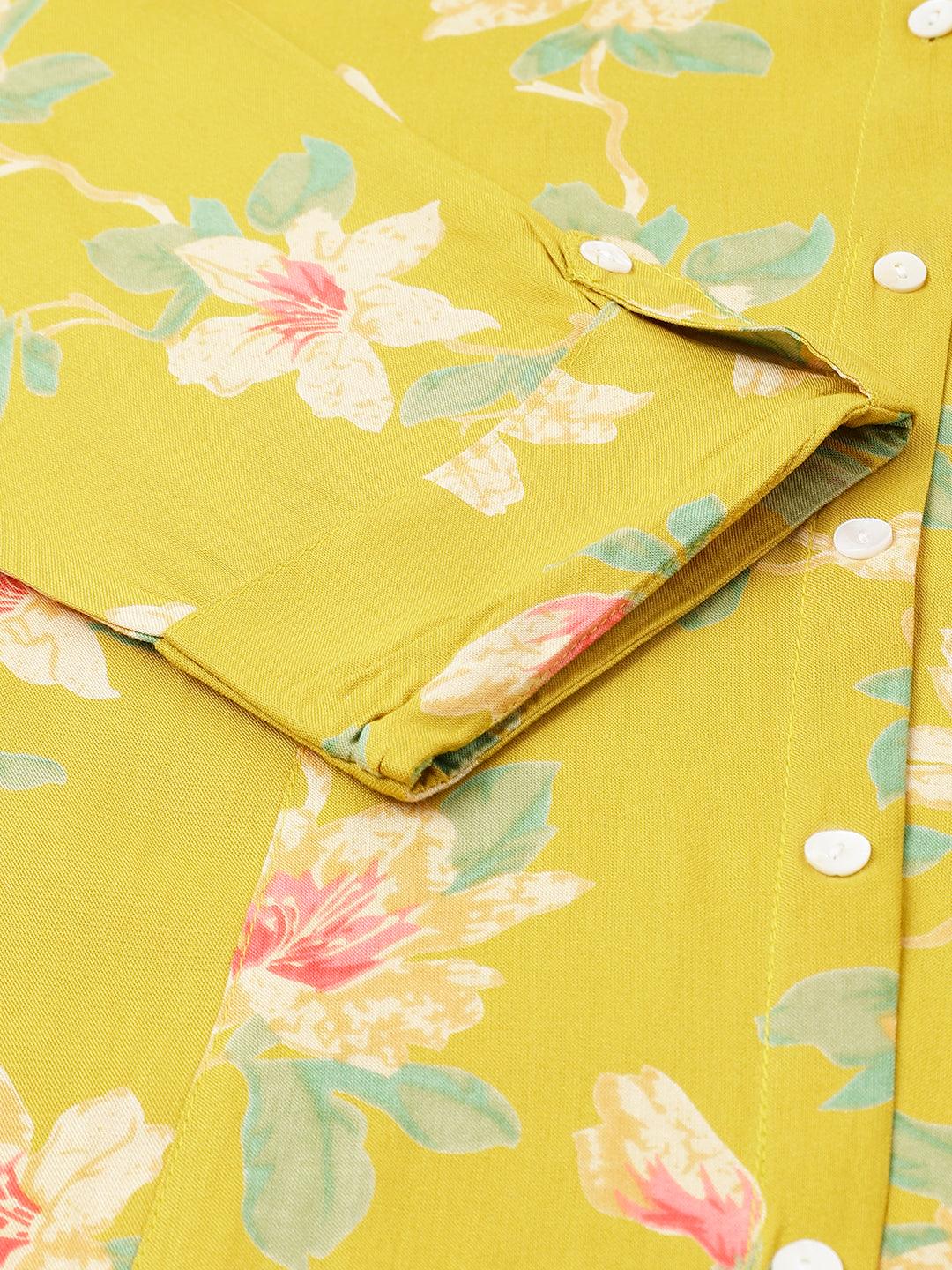 Yellow Floral printed Rayon A-line Shirts Style Top - world