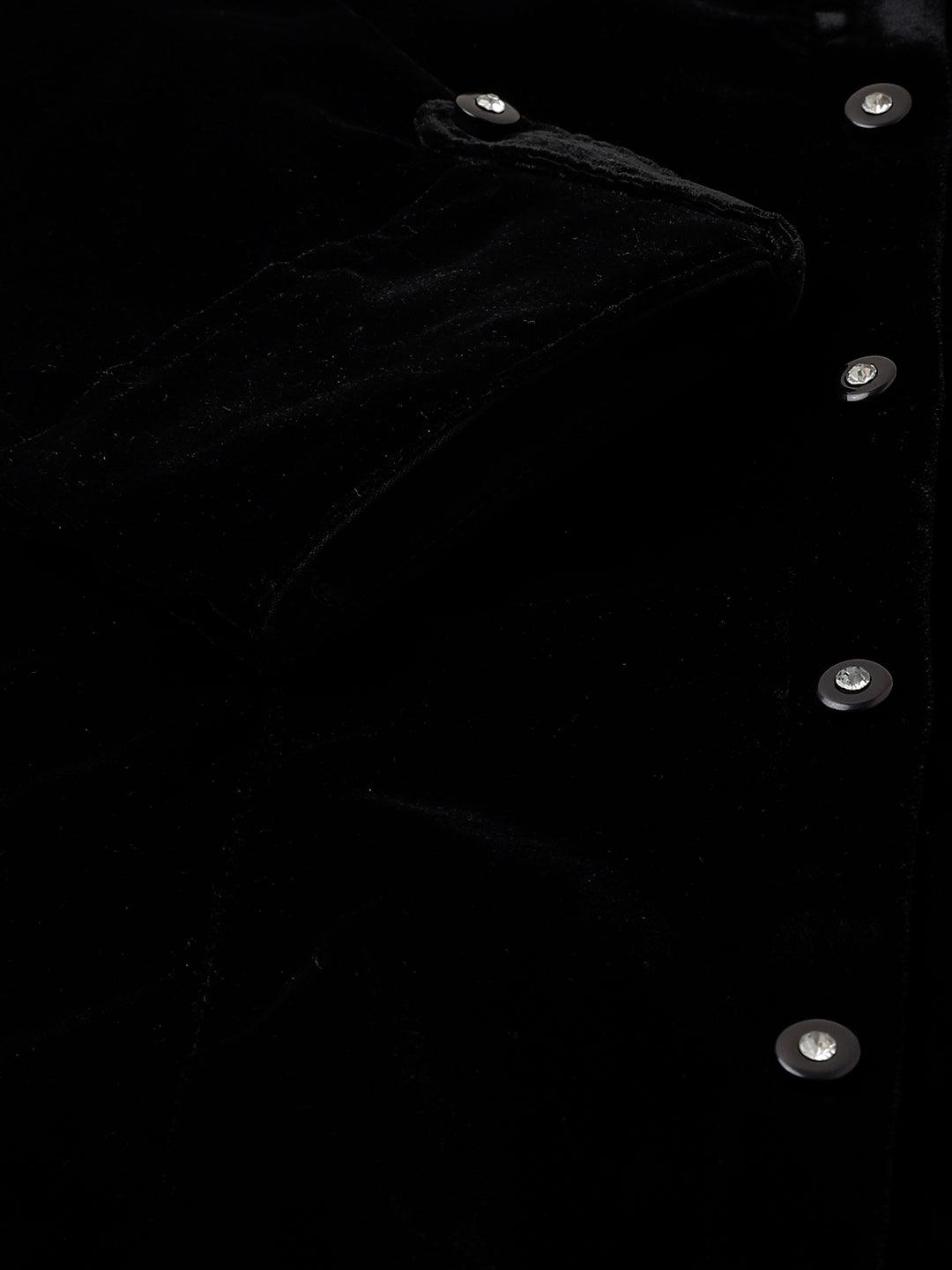 Black Solid Velvet A-line Shirts Style Top - world