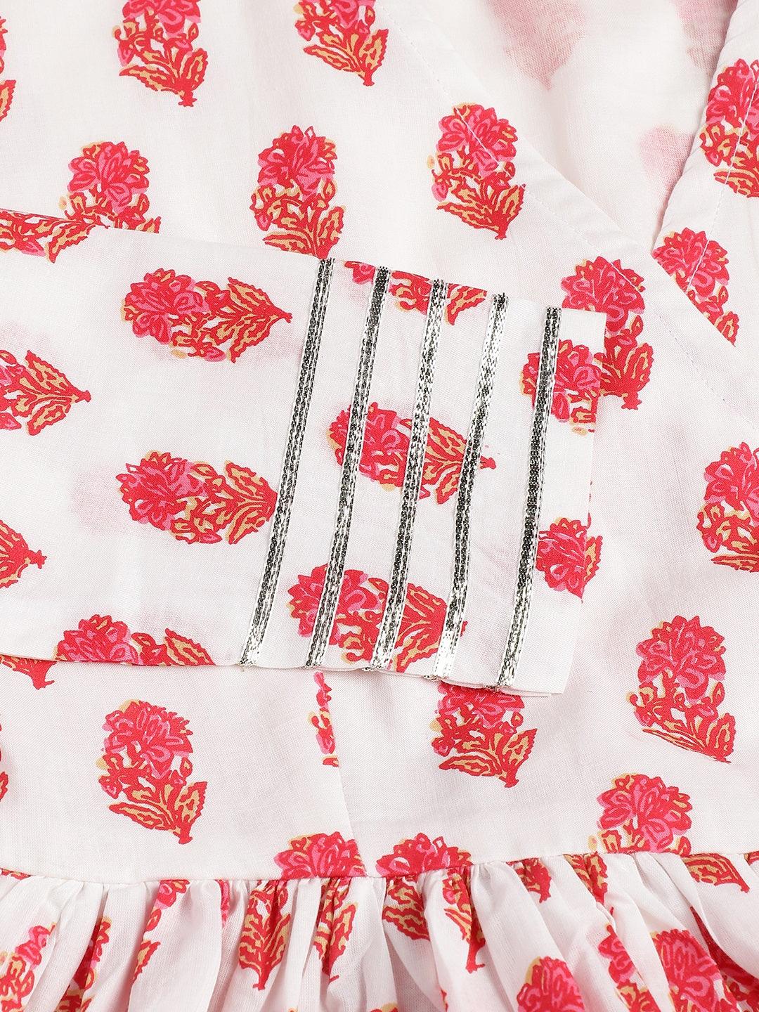White and Red Floral Printed Angarakha Kurta - world