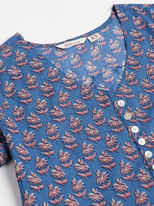 Blue Floral Printed Long dress - world