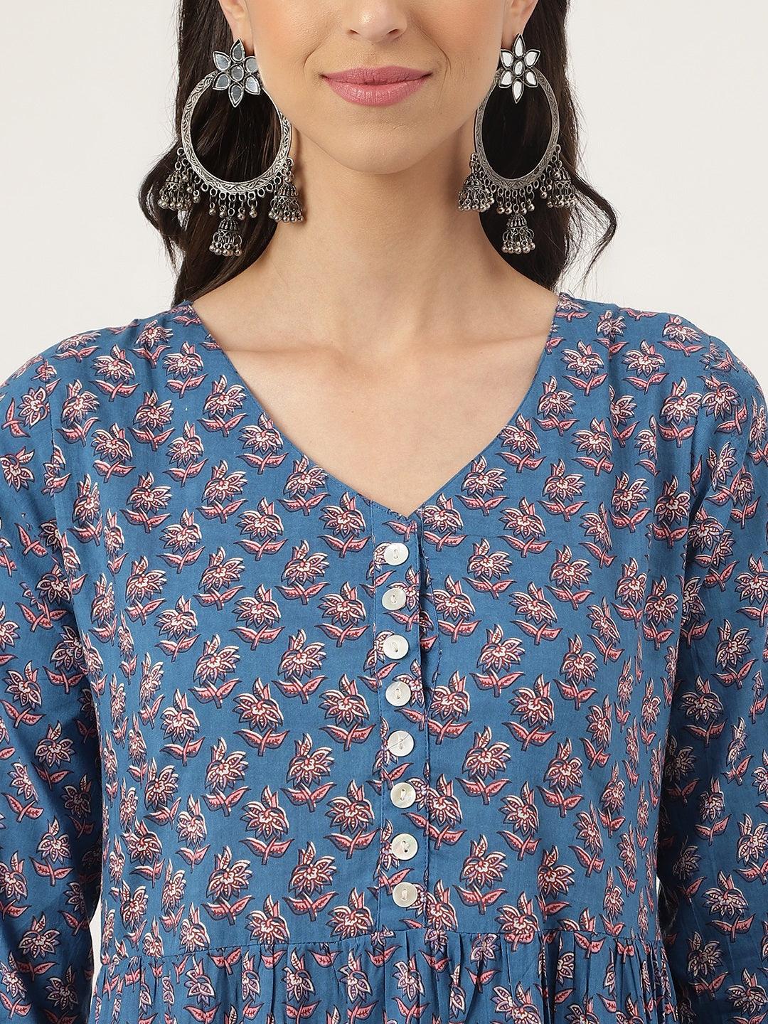 Blue Floral Printed Long dress - world