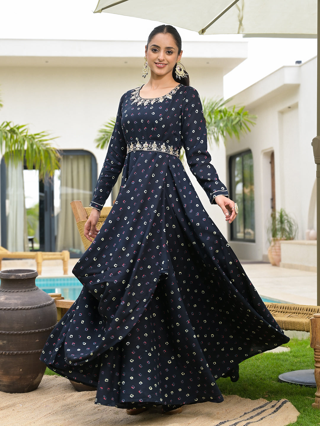 Navy Blue Bandhani Print Flared Long Dress with Belt – Atha Fashion
