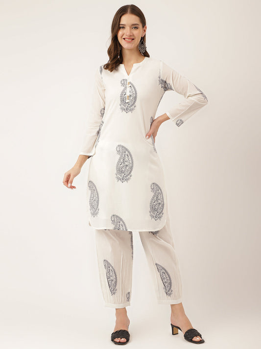 White Paisley Print Cotton Co-ord Set with Mulmul Cotton Lining