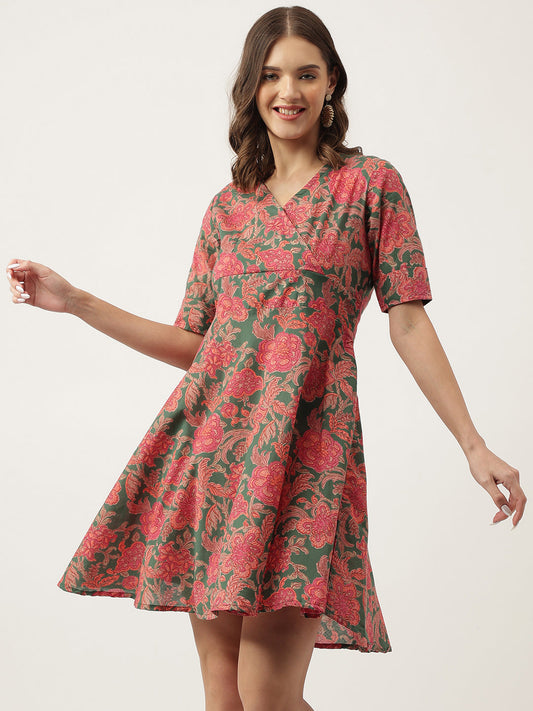 Green Pink Floral Printed Cotton Fit & Flare Mini Dress