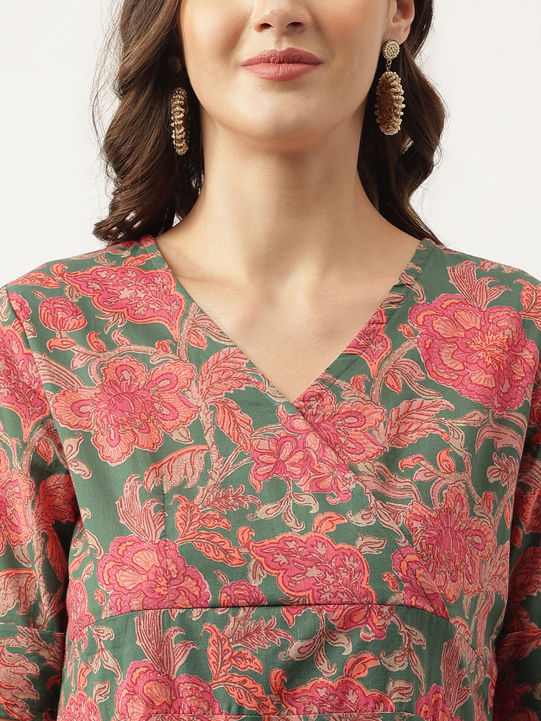 Green Pink Floral Printed Cotton Fit & Flare Mini Dress