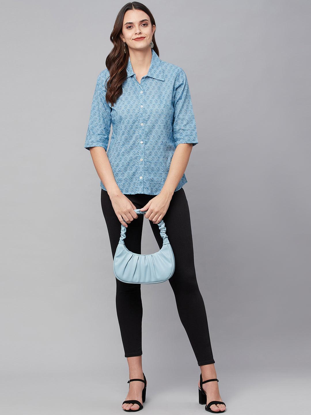 Sky Blue Block Printed Casual Women Shirts - world