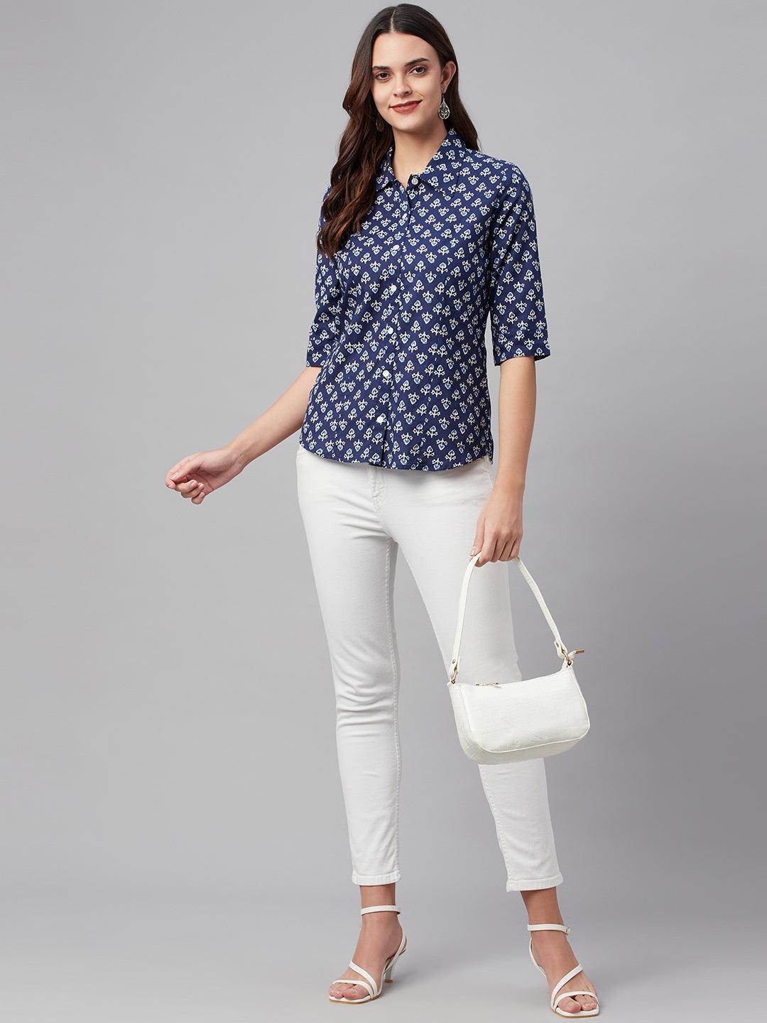 indigo Block Printed Casual Women Shirts - world