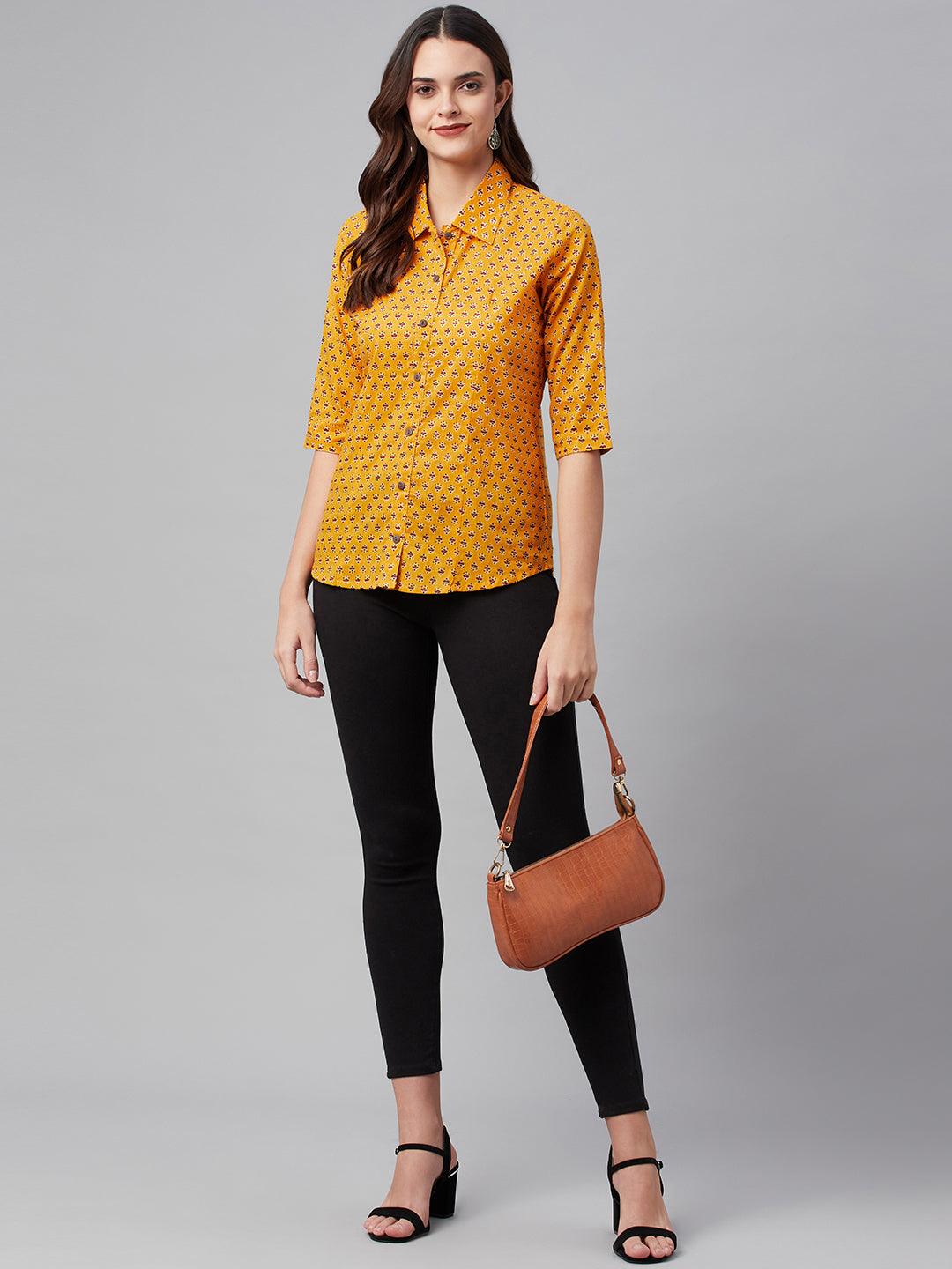 Yellow Block Printed Casual Women Shirts - world