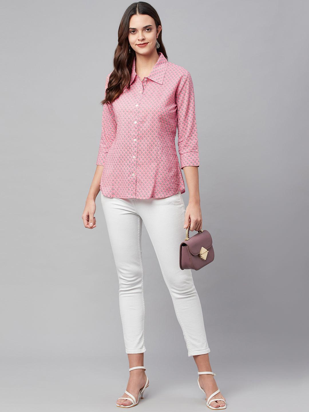 Baby Pink Block Printed Casual Women Shirts - world