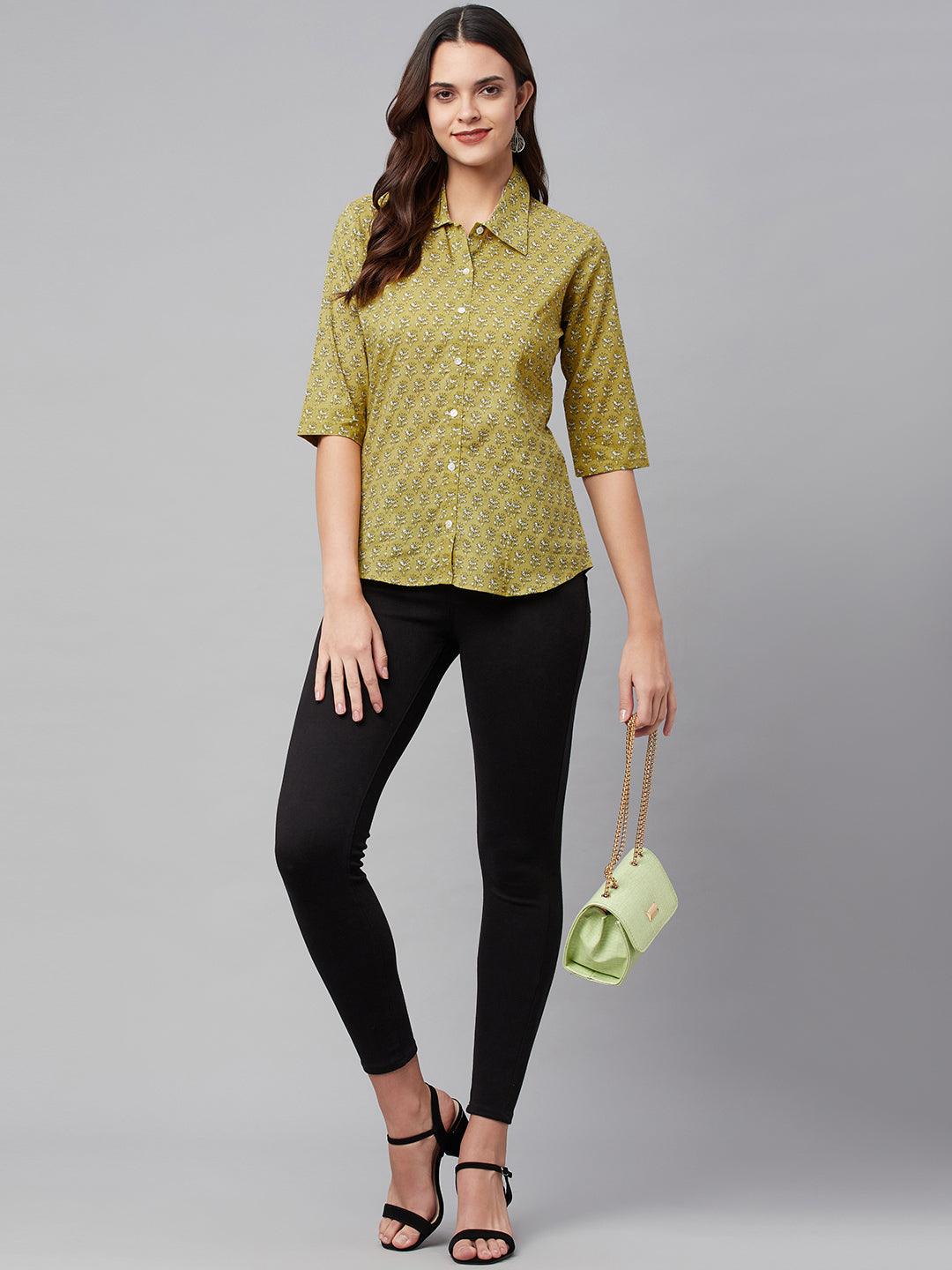 Mehndi Green Block Printed Casual Women Shirts - world