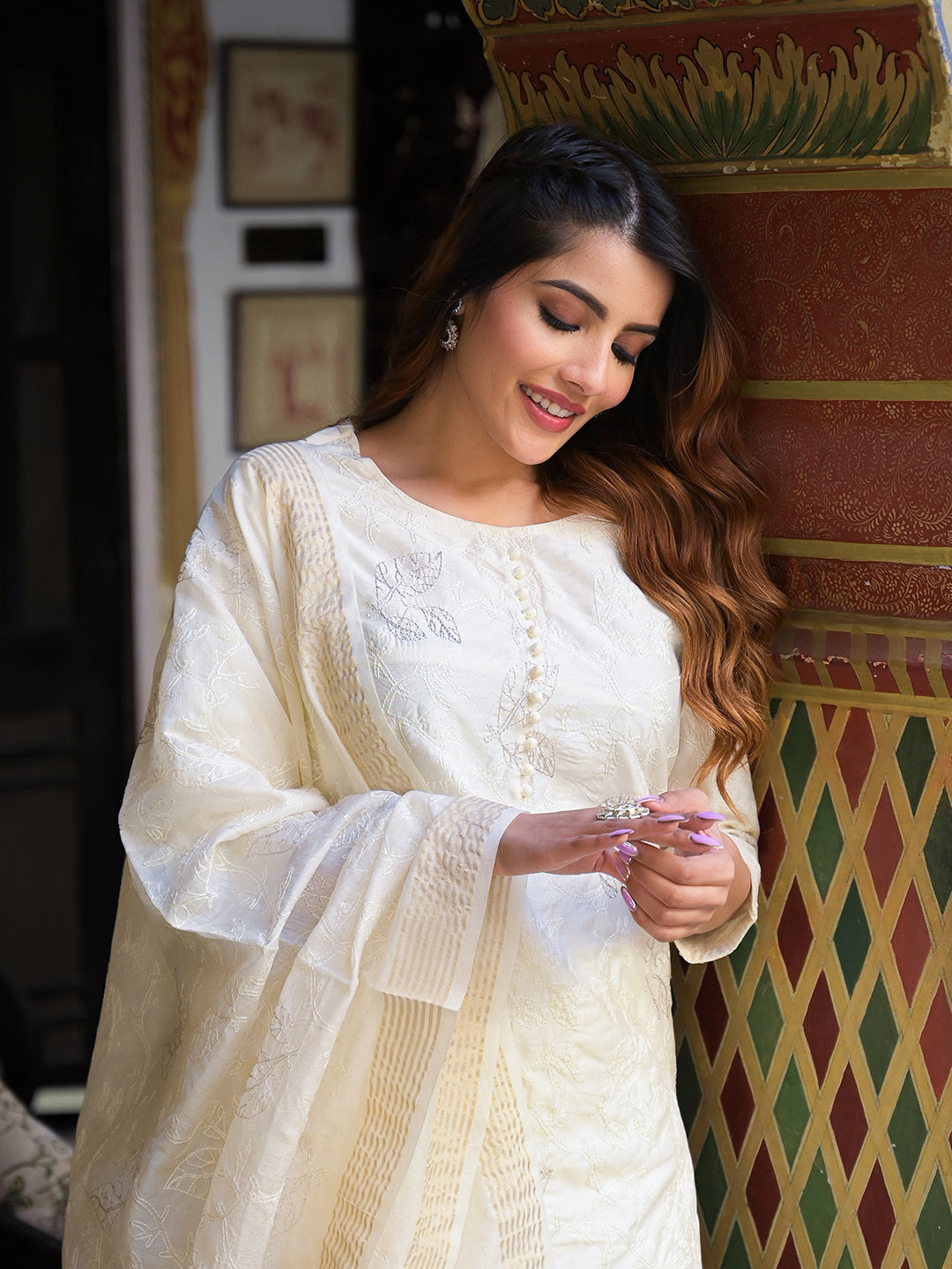 Cream Solid Chanderi Silk kurta Pant With Dupatta