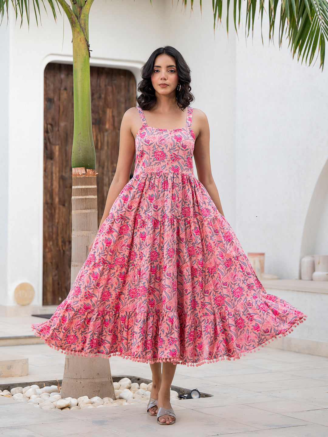 Pink Floral Printed Shoulder Strip Calf Long Ethnic Dress for Women  Atha  Fashion