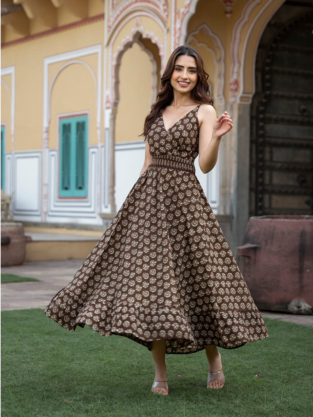 Brown Floral Print Pure Cotton Fit & Flare Dress – Atha Fashion