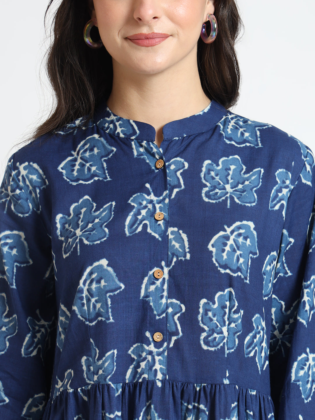 Blue Floral Print Cotton Fabric Flared Dress