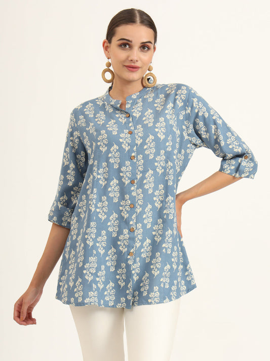 Blue Floral Print Pure Rayon Straight Top