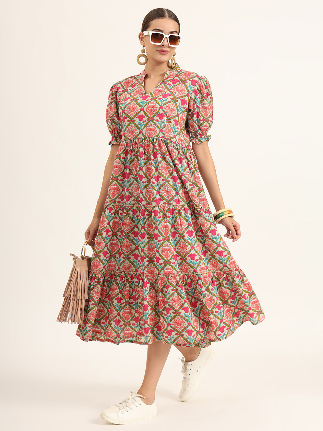 Multi Color Floral Print Midi Dress