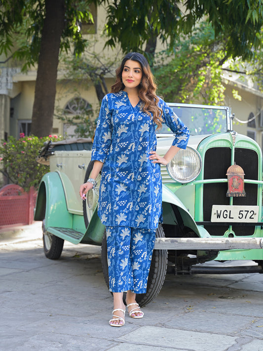 Blue Floral Print Cotton Fabric Kurta with Pant