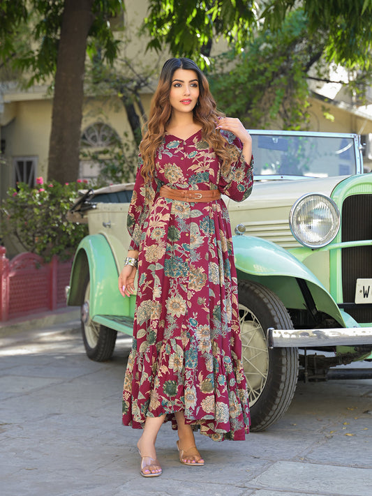 Maroon Floral Print Rayon Fabric Flared Long Dress