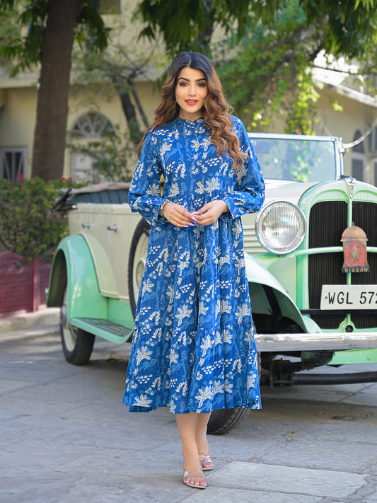 Blue Floral Print Cotton Fabric Flared Dress