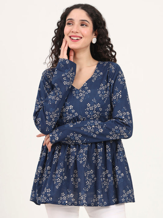 Blue Floral Printed V Neck Cotton Top