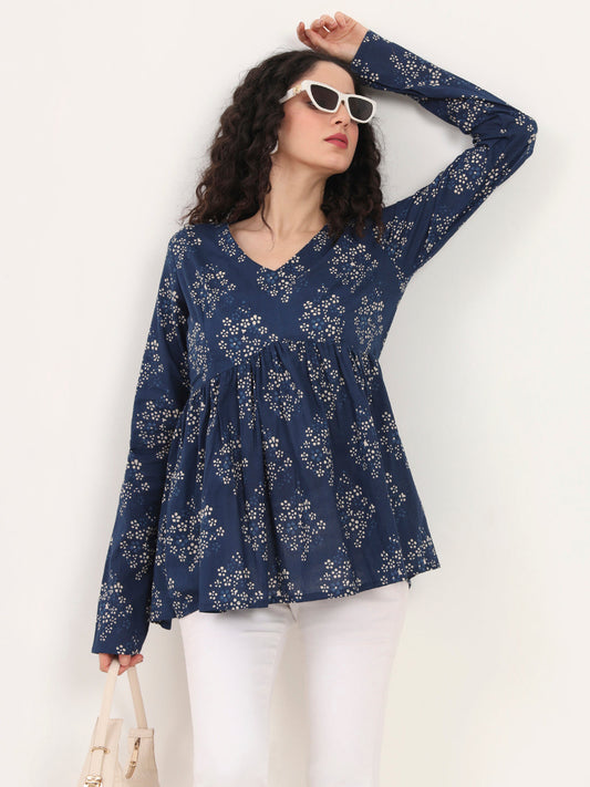 Blue Floral Printed V Neck Cotton Top