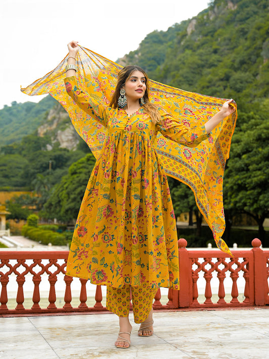 Mustard Floral Print Cotton Anarkali Kurta Pant Set With Dupatta
