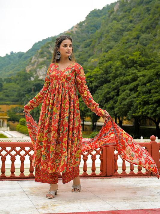 Red Cotton Straight Kurta Pant With Dupatta